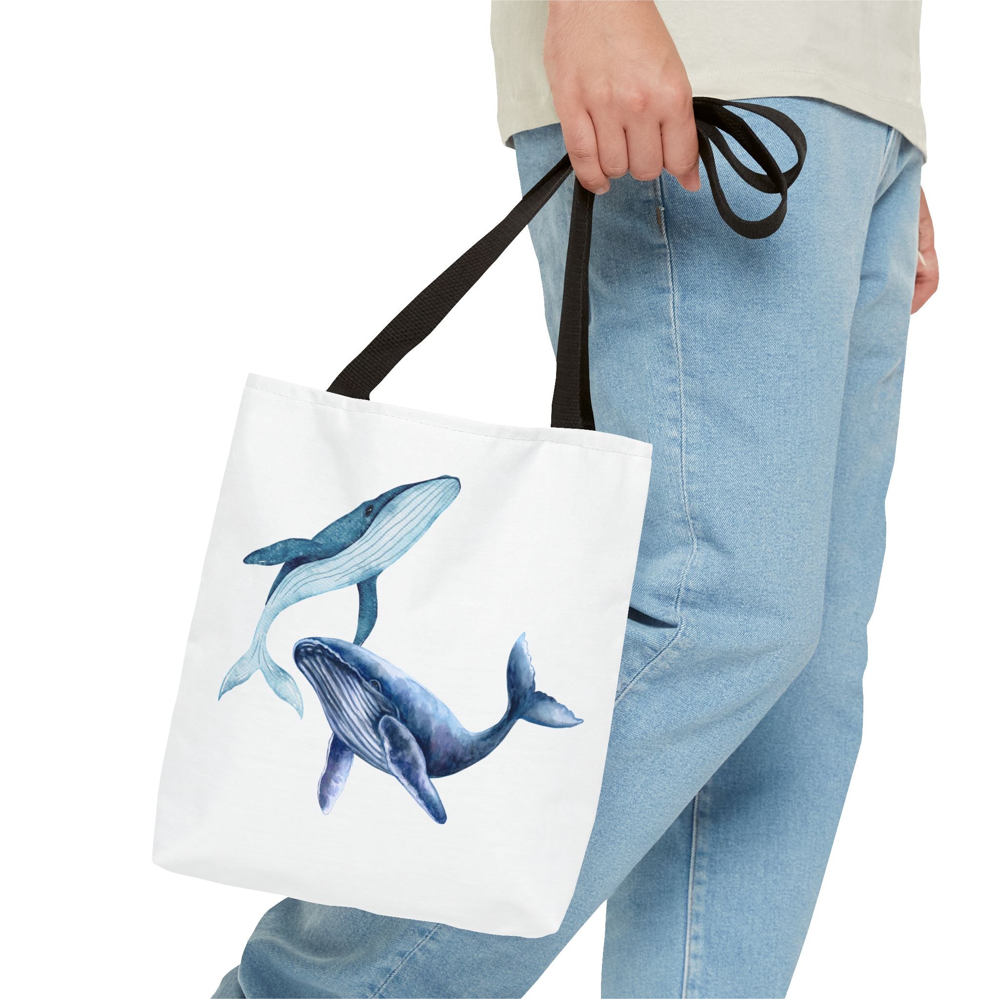 Whale Duo Tote Bag — Blue Ocean Watercolor Beach Shopper