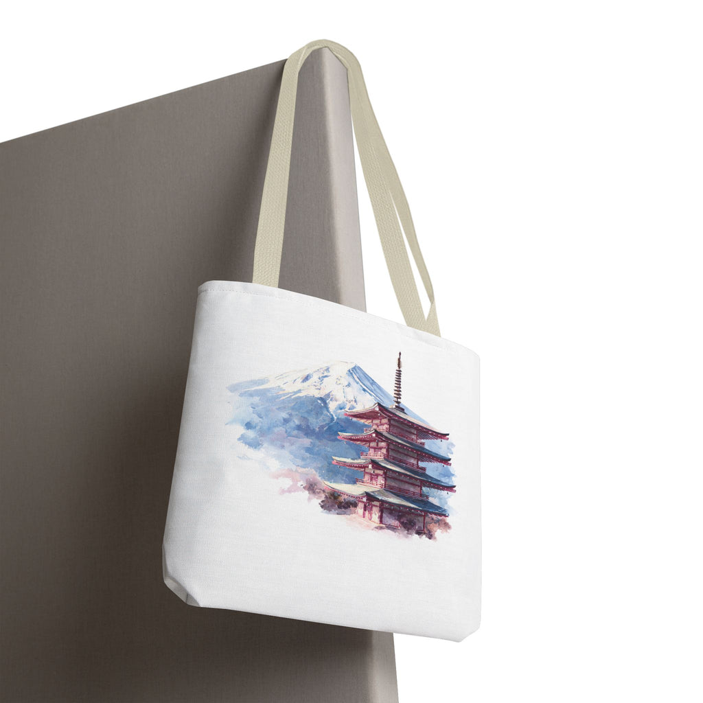 Japanese Pagoda & Mount Fuji Tote Bag — Watercolor Travel Canvas Tote