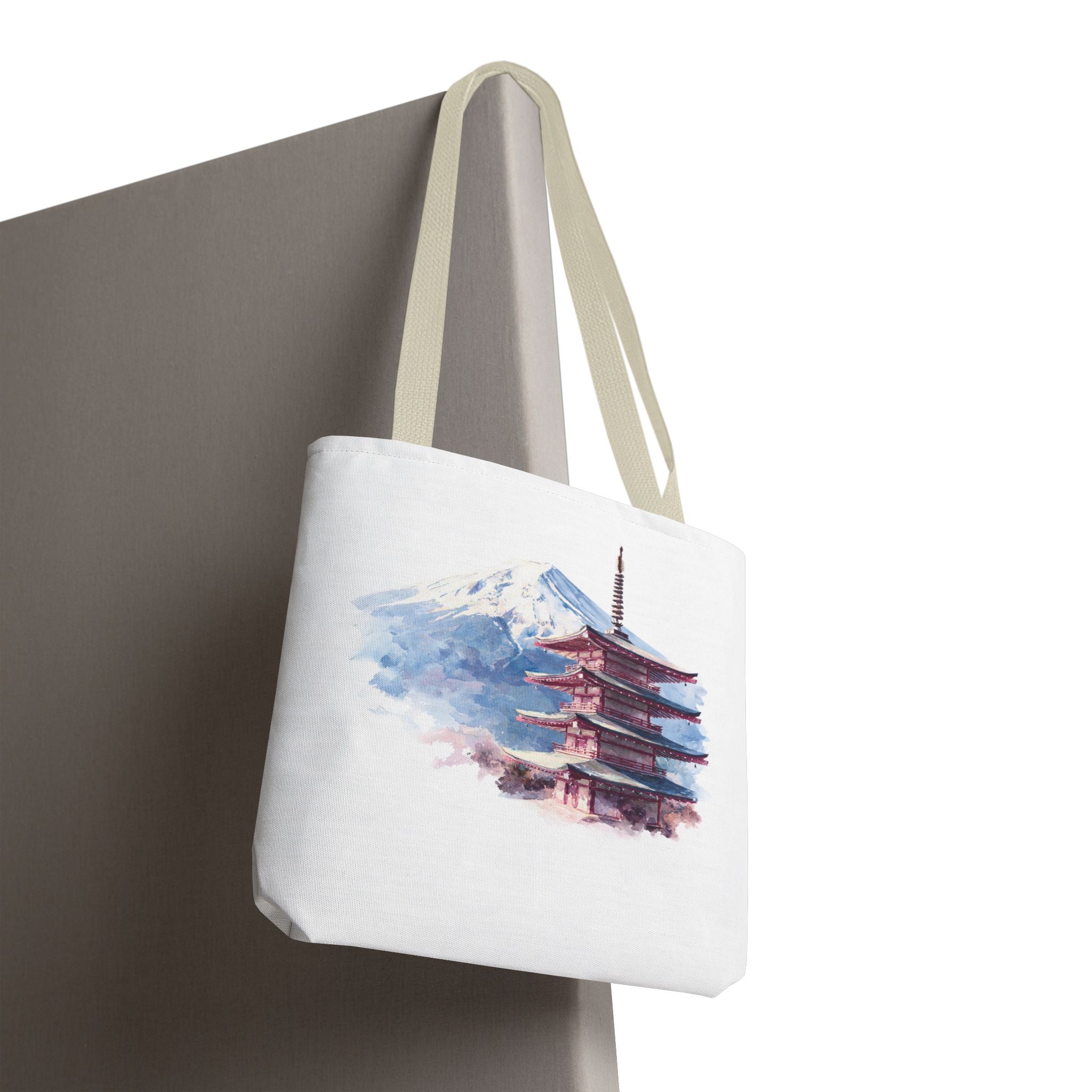 Japanese Pagoda & Mount Fuji Tote Bag — Watercolor Travel Canvas Tote