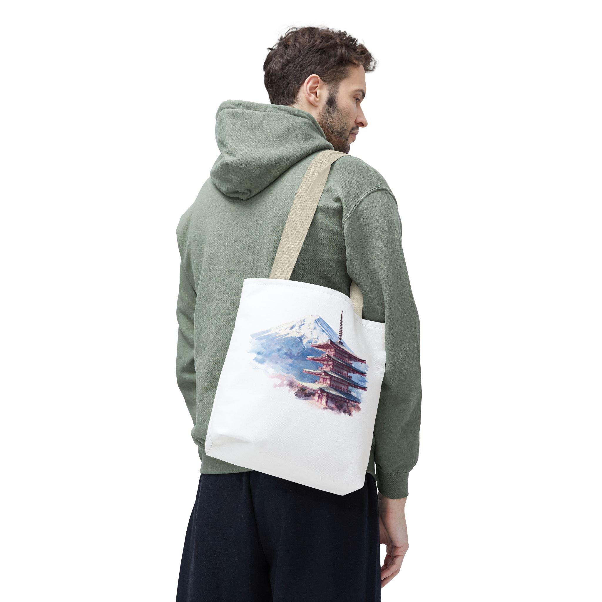 Japanese Pagoda & Mount Fuji Tote Bag — Watercolor Travel Canvas Tote