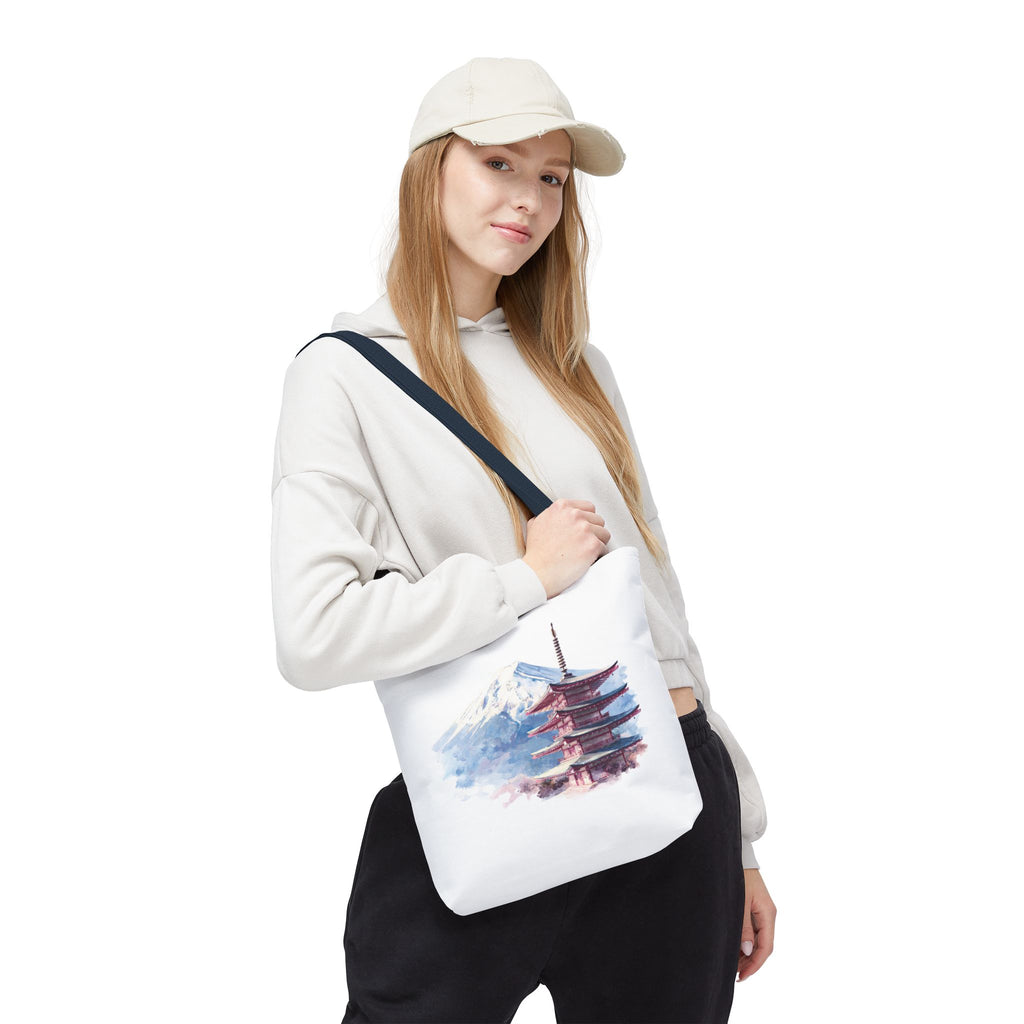 Japanese Pagoda & Mount Fuji Tote Bag — Watercolor Travel Canvas Tote