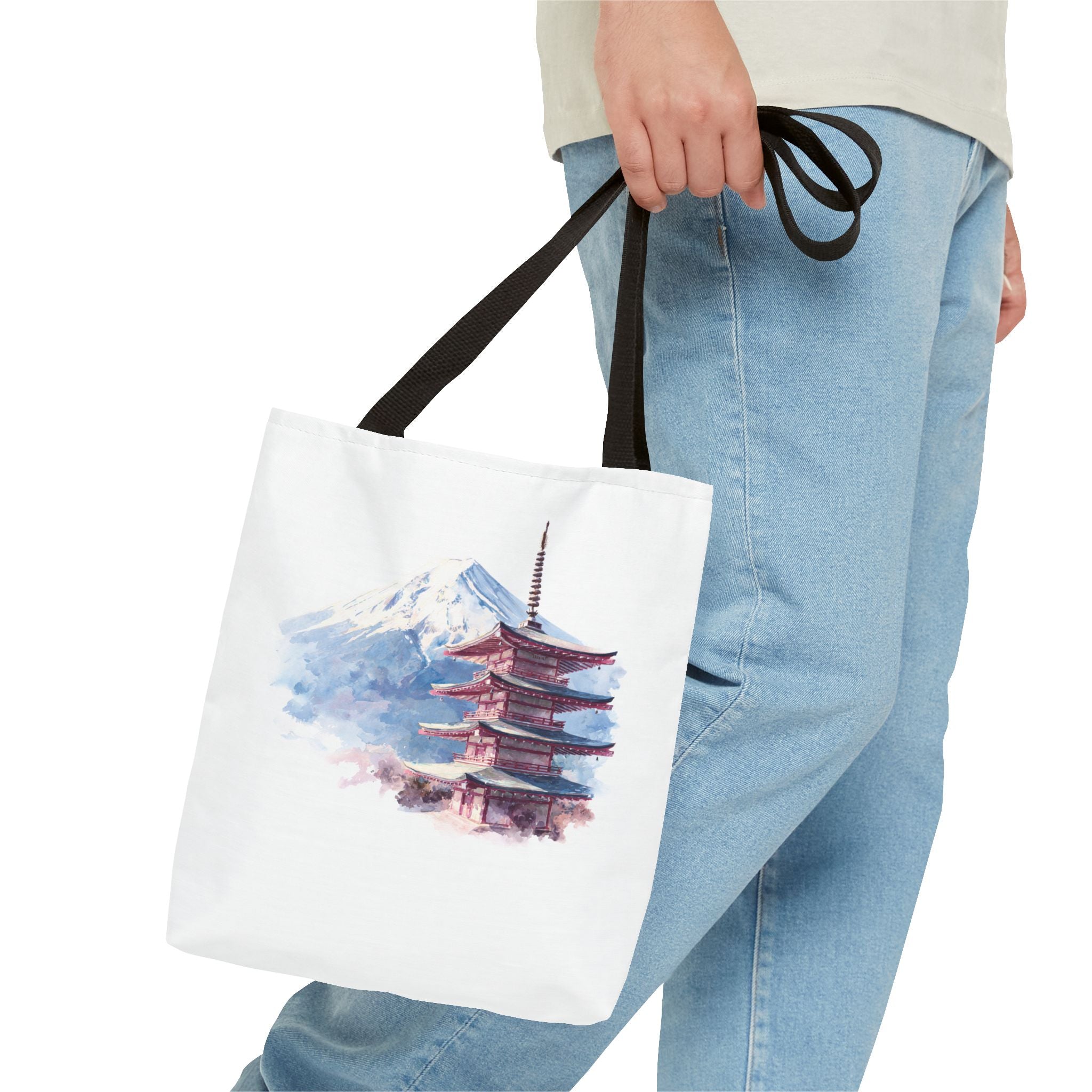 Japanese Pagoda & Mount Fuji Tote Bag — Watercolor Travel Canvas Tote