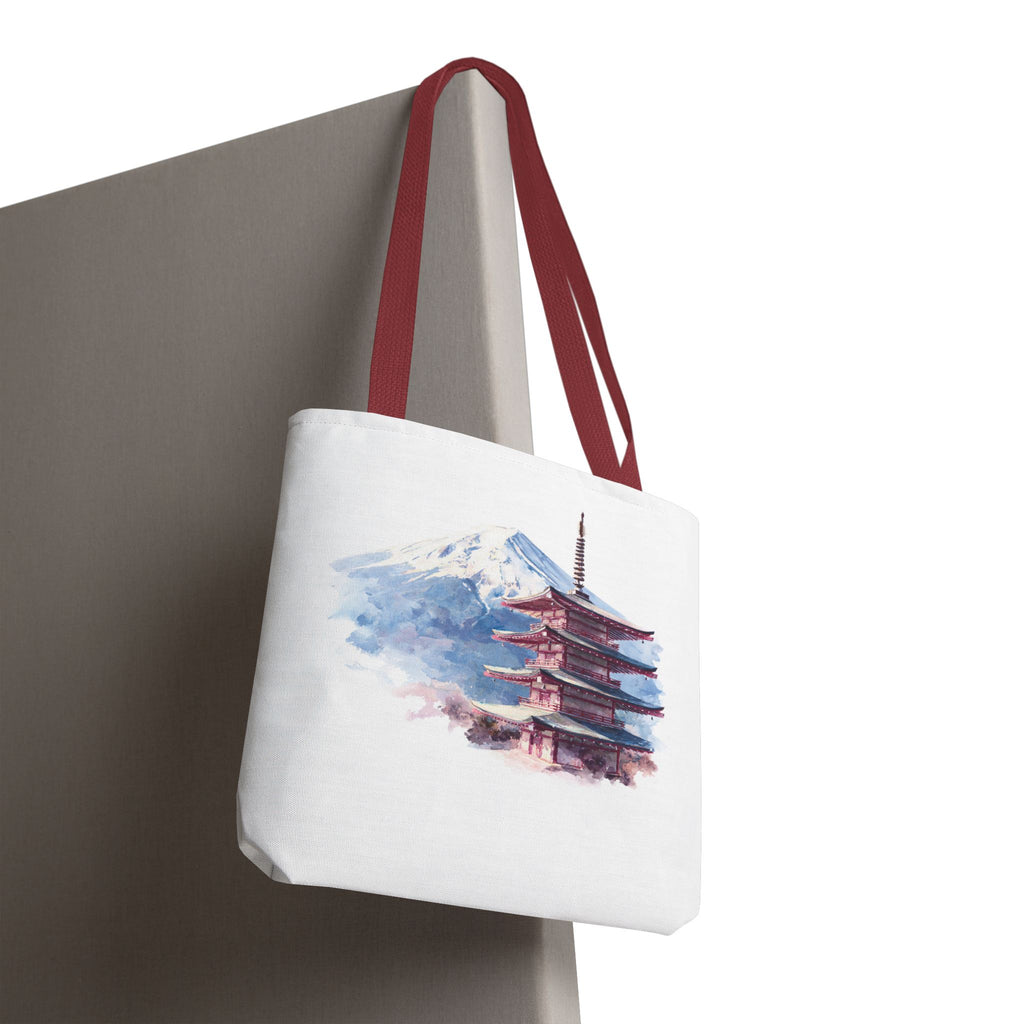 Japanese Pagoda & Mount Fuji Tote Bag — Watercolor Travel Canvas Tote