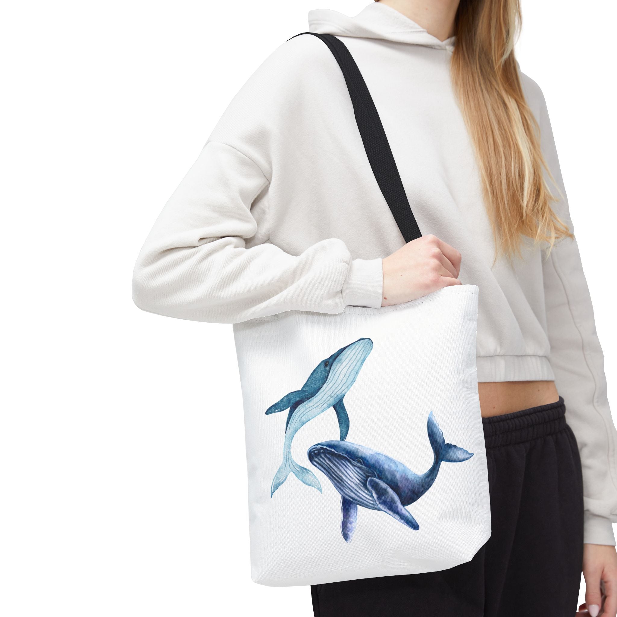 Whale Duo Tote Bag — Blue Ocean Watercolor Beach Shopper