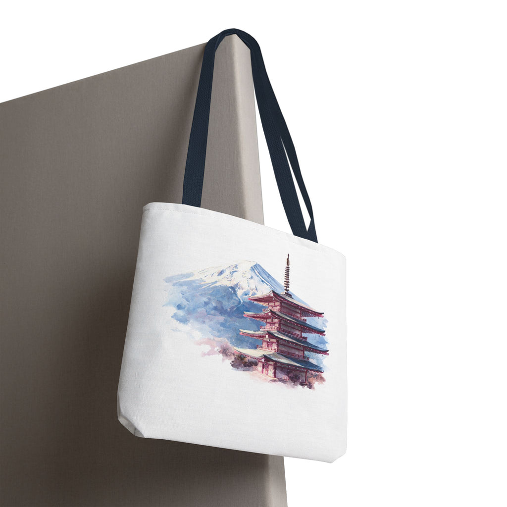 Japanese Pagoda & Mount Fuji Tote Bag — Watercolor Travel Canvas Tote
