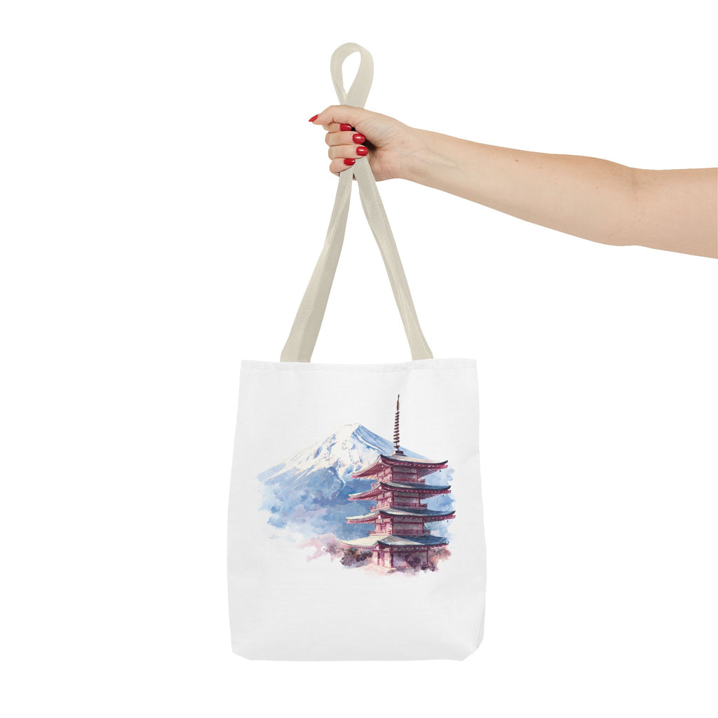 Japanese Pagoda & Mount Fuji Tote Bag — Watercolor Travel Canvas Tote