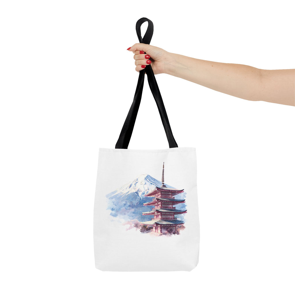 Japanese Pagoda & Mount Fuji Tote Bag — Watercolor Travel Canvas Tote