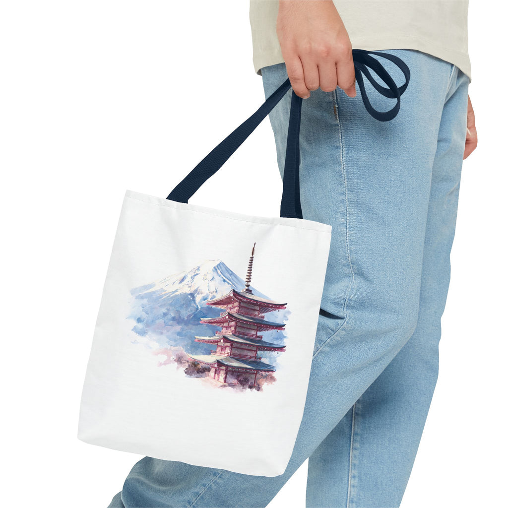 Japanese Pagoda & Mount Fuji Tote Bag — Watercolor Travel Canvas Tote