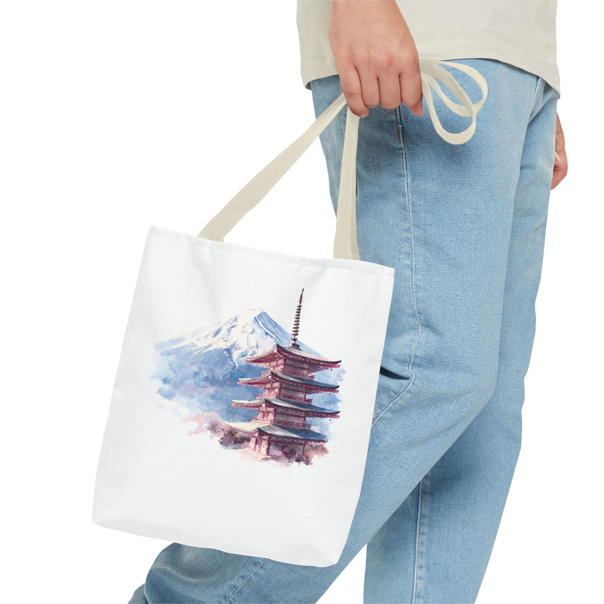 Japanese Pagoda & Mount Fuji Tote Bag — Watercolor Travel Canvas Tote