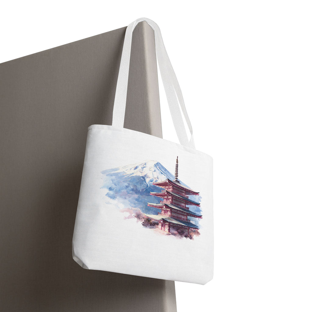 Japanese Pagoda & Mount Fuji Tote Bag — Watercolor Travel Canvas Tote