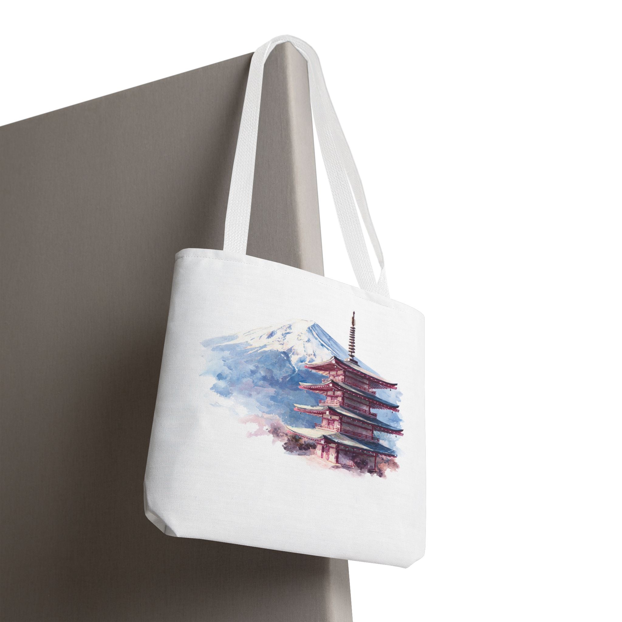Japanese Pagoda & Mount Fuji Tote Bag — Watercolor Travel Canvas Tote