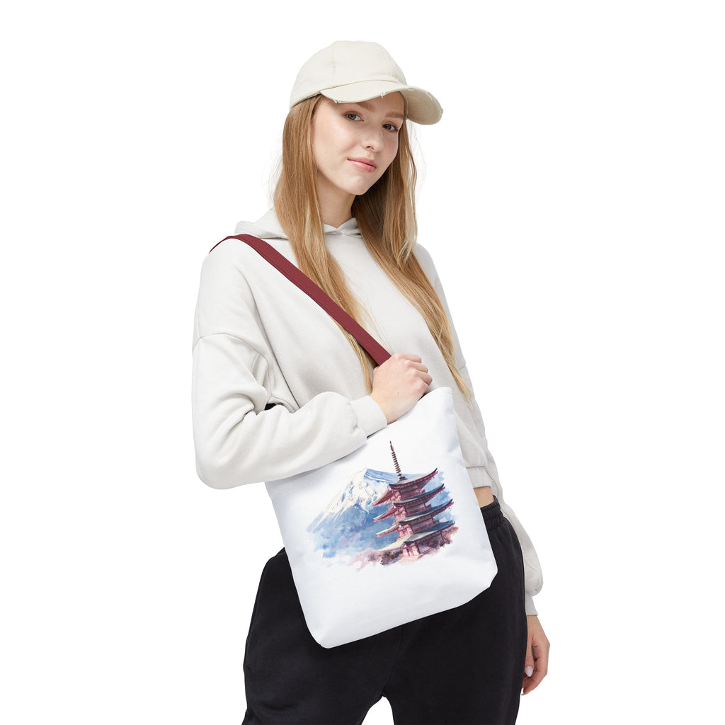 Japanese Pagoda & Mount Fuji Tote Bag — Watercolor Travel Canvas Tote