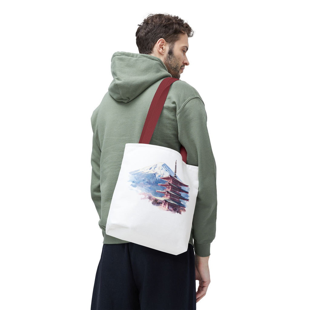 Japanese Pagoda & Mount Fuji Tote Bag — Watercolor Travel Canvas Tote