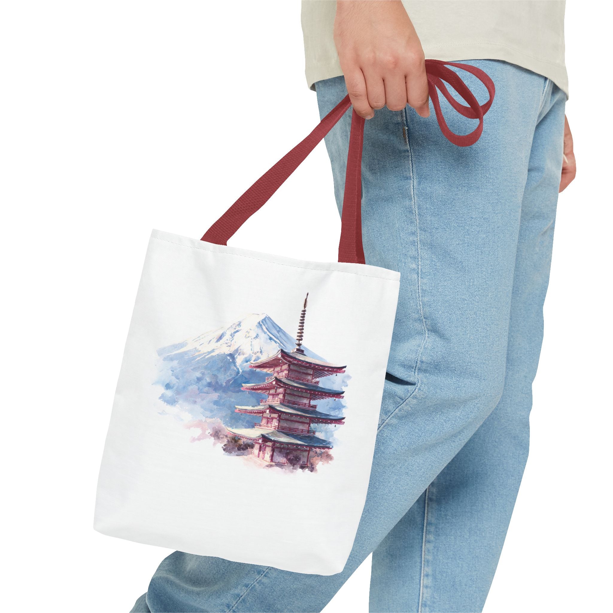 Japanese Pagoda & Mount Fuji Tote Bag — Watercolor Travel Canvas Tote