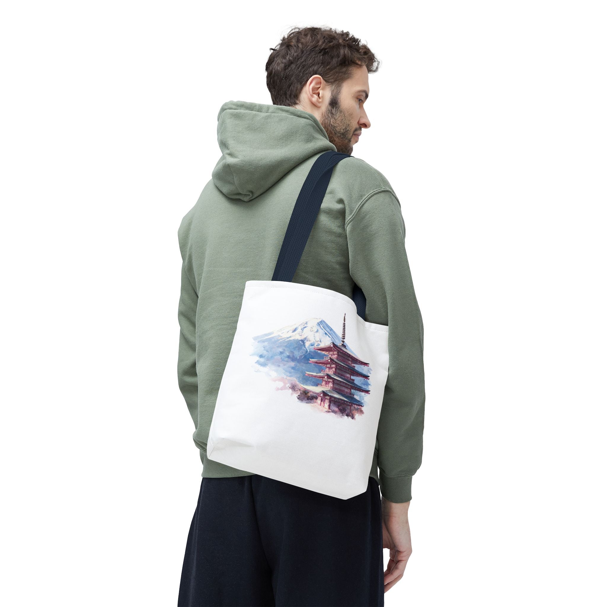 Japanese Pagoda & Mount Fuji Tote Bag — Watercolor Travel Canvas Tote