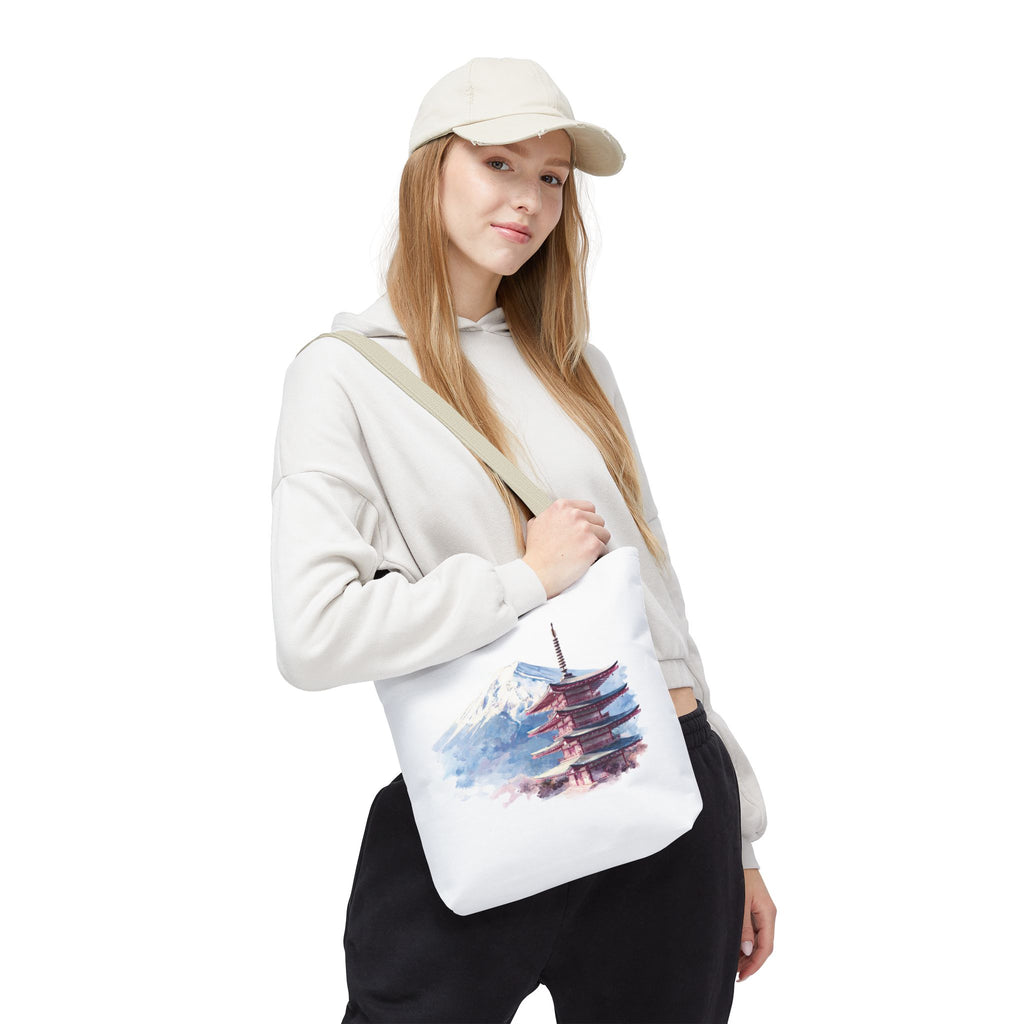 Japanese Pagoda & Mount Fuji Tote Bag — Watercolor Travel Canvas Tote