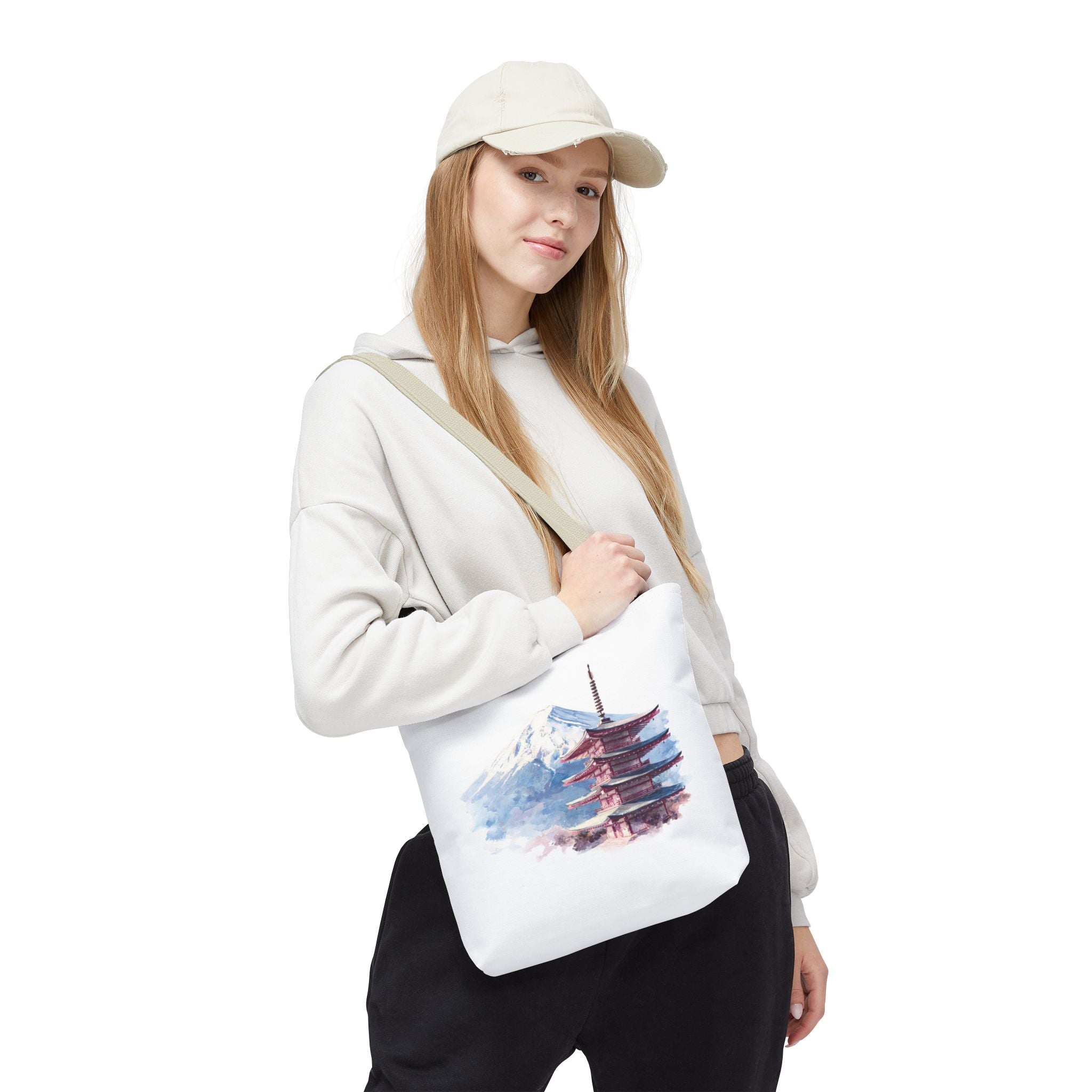 Japanese Pagoda & Mount Fuji Tote Bag — Watercolor Travel Canvas Tote