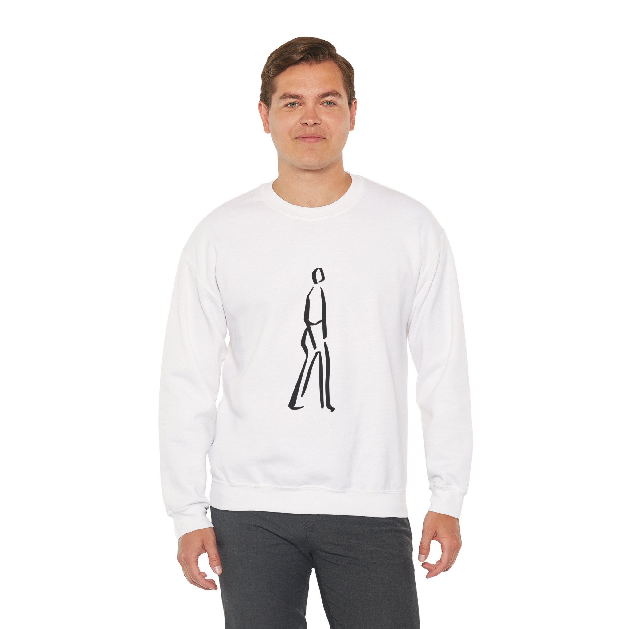 Minimalist Line Art Crewneck Sweatshirt — Walking Figure Graphic