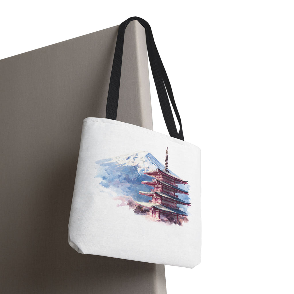 Japanese Pagoda & Mount Fuji Tote Bag — Watercolor Travel Canvas Tote