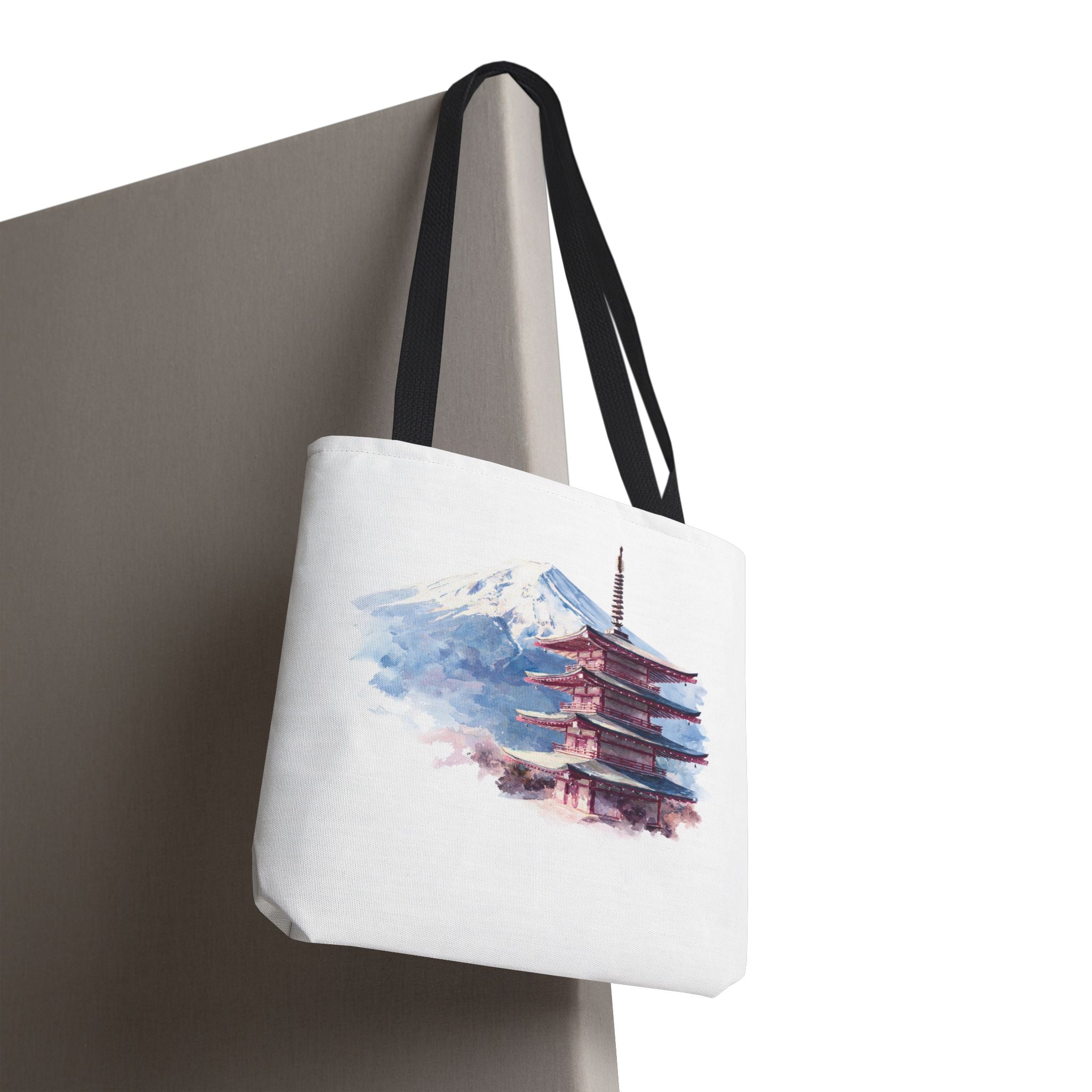 Japanese Pagoda & Mount Fuji Tote Bag — Watercolor Travel Canvas Tote
